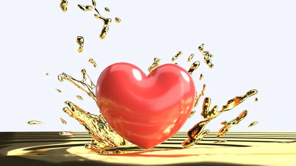 Het rode hart op goud vloeistof voor 14 februari Valentijnsdag c — Stockfoto