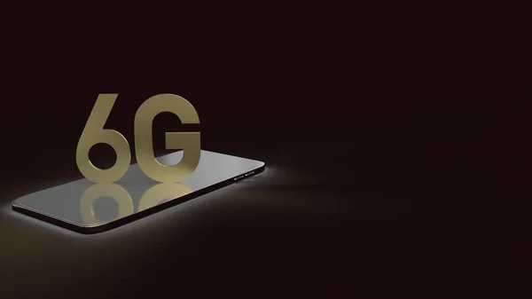 3D візуалізація тексту 6g золота поверхня світиться на смартфоні в темному im — стокове фото