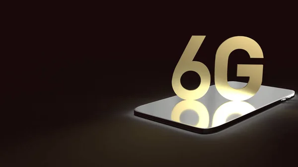 3D візуалізація тексту 6g золота поверхня світиться на смартфоні в темному im — стокове фото