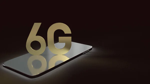 3D візуалізація тексту 6g золота поверхня світиться на смартфоні в темному im — стокове фото