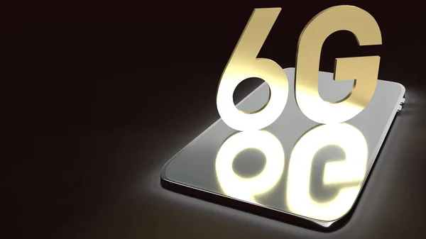 3D візуалізація тексту 6g золота поверхня світиться на смартфоні в темному im — стокове фото