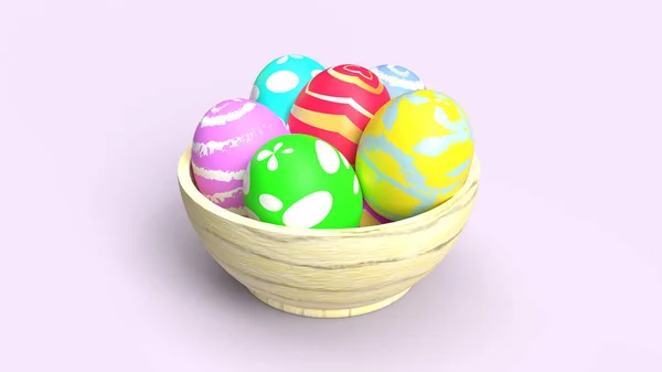 Uova di Pasqua in ciotola di legno rendering 3d per il contenuto delle vacanze . — Foto Stock