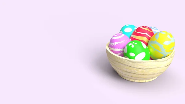 Uova di Pasqua in ciotola di legno rendering 3d per il contenuto delle vacanze . — Foto Stock