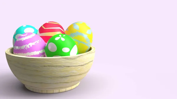 Пасхальные яйца в деревянной чаше 3D рендеринг для праздничного содержания . — стоковое фото