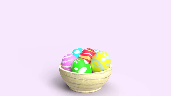 Easter eggs in wood bowl 3d rendering for holiday content. — 图库照片