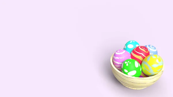 Uova di Pasqua in ciotola di legno rendering 3d per il contenuto delle vacanze . — Foto Stock