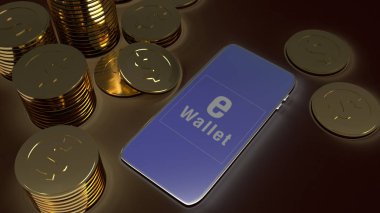 The mobile symbol e wallet  and gold coins for e business concep