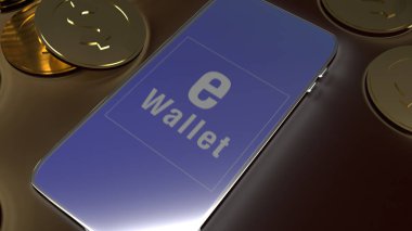 The mobile symbol e wallet  and gold coins for e business concep
