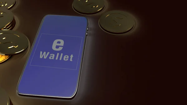 The mobile symbol e wallet  and gold coins for e business concep — ストック写真