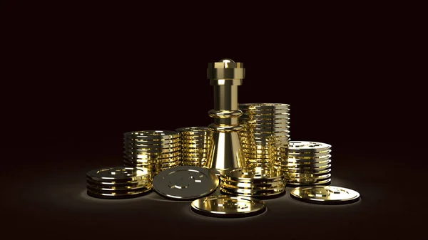 Золотые шахматы и монеты абстрактный образ 3D рендеринг для делового сотрудничества — стоковое фото