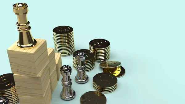 Ajedrez y cubo de madera monedas de oro en el suelo para contenido empresarial . —  Fotos de Stock