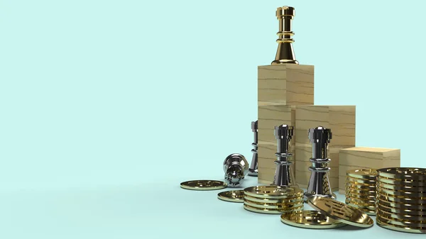 Moedas de ouro de xadrez e cubo de madeira no chão para conteúdo comercial . — Fotografia de Stock