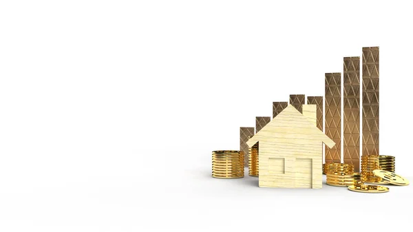 木の家のおもちゃと金のコインビジネスコンテンツの3Dレンダリング — ストック写真