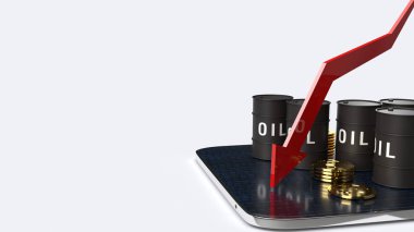 Petrol ticareti içeriği için kırmızı ok aşağı ve petrol tankları 3D görüntüleme.