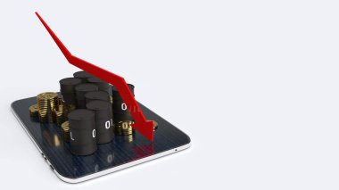 Petrol ticareti içeriği için kırmızı ok aşağı ve petrol tankları 3D görüntüleme.
