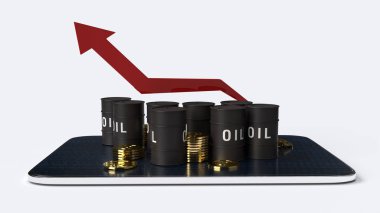 Petrol ticareti içeriği için kırmızı ok yukarı ve petrol tankları 3D görüntüleme.