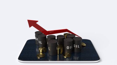 Petrol ticareti içeriği için kırmızı ok yukarı ve petrol tankları 3D görüntüleme.