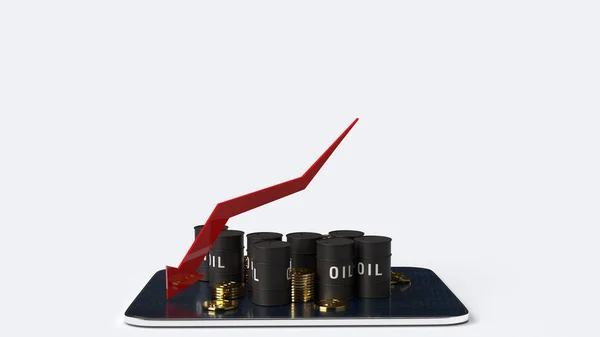 红色箭头指向下 油罐3D渲染石油业务内容图像 — 图库照片