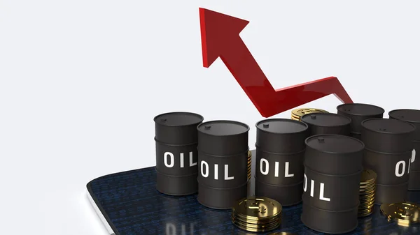 石油ビジネスコンテンツのための赤い矢印を指して油タンク3Dレンダリングイメージ — ストック写真