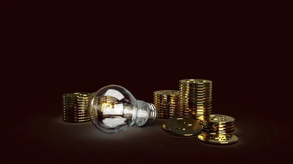 Bombilla Luz Monedas Oro Renderizado Oscuro Para Contenido Empresarial —  Fotos de Stock