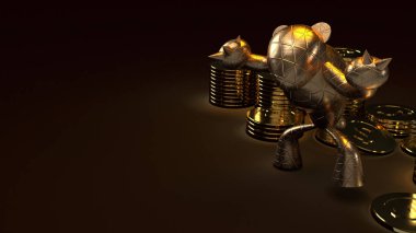 Ayı altın ve altın sikkeler iş içeriği için karanlık tonda işlenmiş 3D.