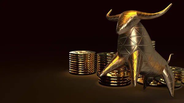 The bull gold and gold coins 3d rendering in dark tone for business content.