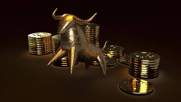 ビジネスコンテンツのための暗いトーンでの強気の金と金のコイン3Dレンダリング — ストック写真