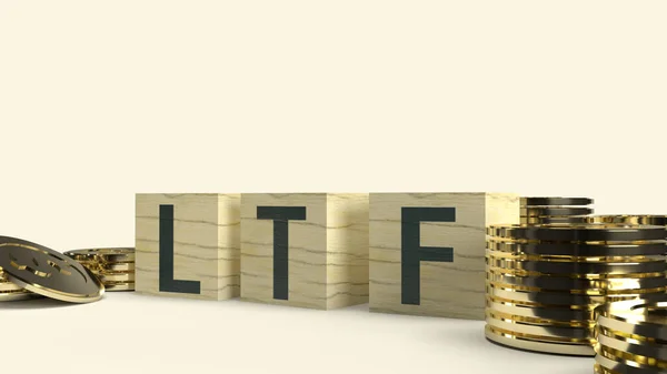 木制立方体和硬币上的Ltf文本3D渲染业务内容 — 图库照片