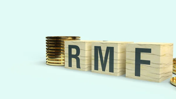 木製キューブ上のRmfテキストとビジネスコンテンツのためのコイン3Dレンダリング — ストック写真