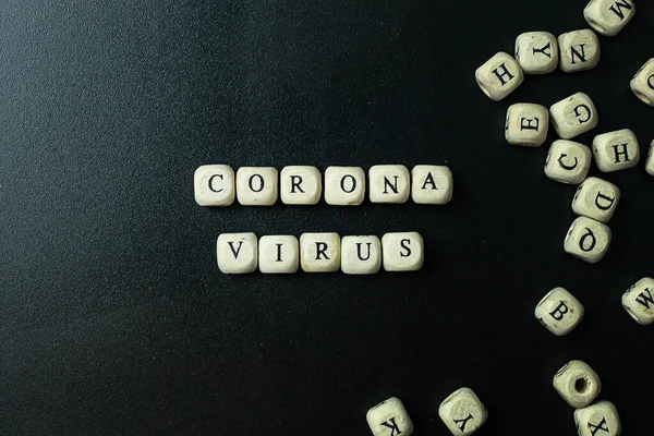 Cube Bois Virus Corona Sur Fond Noir Pour Contenu Médical — Photo