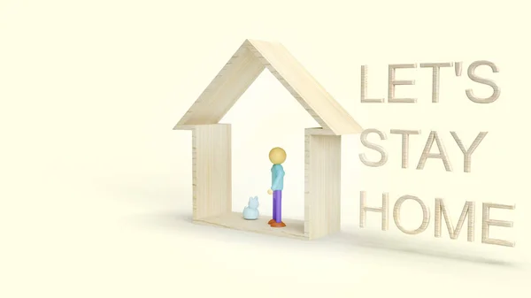 木制玩具的家和黄金文字3D渲染让我们呆在家里满意 — 图库照片