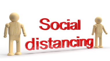 Sosyal uzaklık içeriği için insan tahtası ve 3D metin oluşturma.