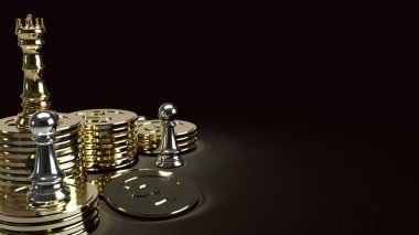 Altın sikkeler ve gümüş piyon üzerine altın kral satrancı iş içeriği için 3D sunar..