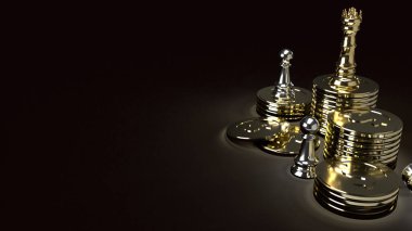 Altın sikkeler ve gümüş piyon üzerine altın kral satrancı iş içeriği için 3D sunar..