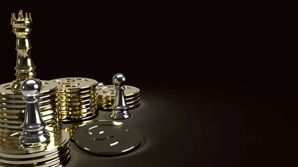 Zlatý Král Šachy Zlatých Mincích Stříbrný Pěšák Tmavém Tónu Podání — Stock fotografie