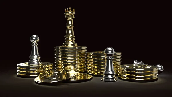 Altın Sikkeler Gümüş Piyon Üzerine Altın Kral Satrancı Içeriği Için — Stok fotoğraf