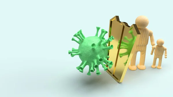 Man Wooden Gold Shield Protection Virus Rendering — Stock Photo, Image