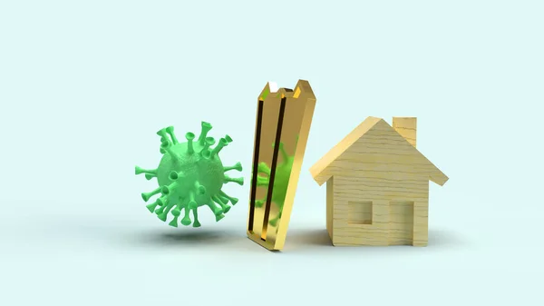 保護ウイルスの3Dレンダリングのための家の木製と金の盾 — ストック写真