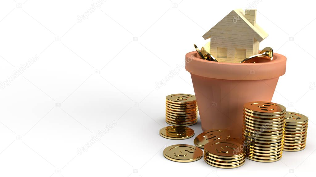 The home wood toy and gold coins in plant 3d rendering for property content.