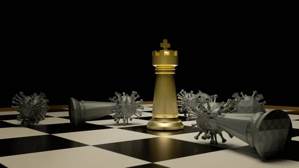 戦略的な概念のための3Dレンダリングボードゲームの金のチェスとウイルス — ストック写真