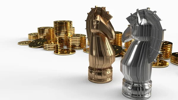 Zlatý Stříbrný Rytíř Šachy Mince Podání Bílém Pozadí Pro Obchodní — Stock fotografie