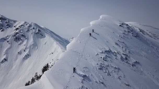 登山者が登山空中飛行エピック山脈登山を成功に向けて美しいピーク冬の休暇探検アドベンチャーハイキング観光コンセプト. — ストック動画