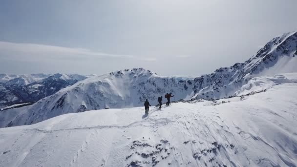 登山者が登山空中飛行エピック山脈登山を成功に向けて美しいピーク冬の休暇探検アドベンチャーハイキング観光コンセプト. — ストック動画