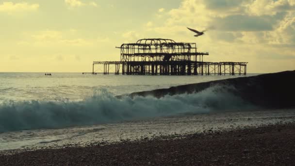 Sned boll metar beskådar av den västra piren och kusten av Brighton, England, Storbritannien — Stockvideo