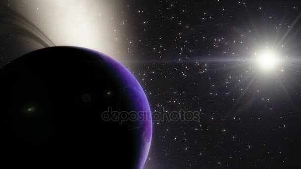 Animation spatiale timelapse d'une planète rocheuse violette avec des anneaux et une galaxie en arrière-plan — Video