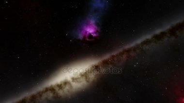 Sinek-den geçerek alan animasyon yıldız alanı, bir gökada ve bir canavar görünümlü Bulutsusu