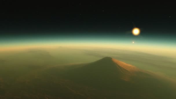 Анимация времени, показывающая вход в атмосферу вулканического экзопланета с земными особенностями — стоковое видео