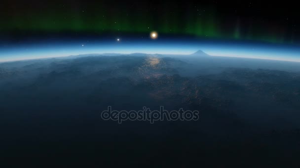 ないマンの土地 - 主要な星とオーロラ見える火山太陽系外惑星を備えフライスルー アニメーション — ストック動画