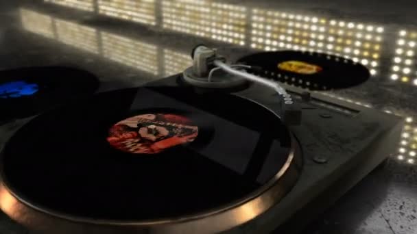 Nostalgische Cg animatie met een grungy platenspeler met een vinylplaat spinnen en pulserende disco verlichting op de achtergrond — Stockvideo