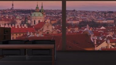 Bir çatı katı görünüm ile ikonik Prag manzarası